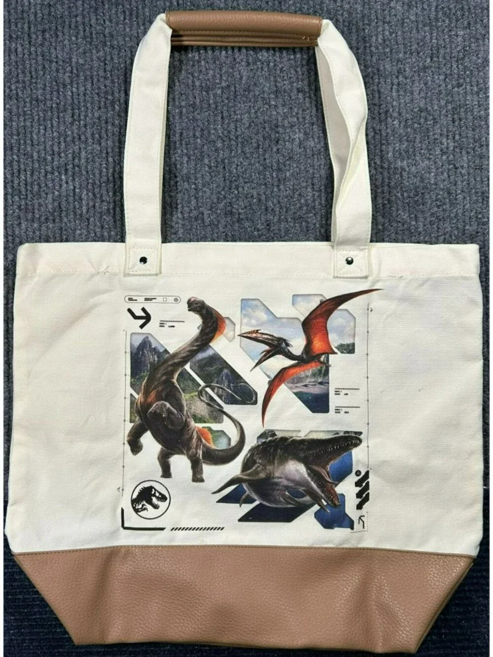 Jurassic World Rebirth Canvas Tote Bag Movie Promo Exclusive Faux Leather Accent